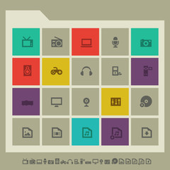 Multimedia devices icon set. Multicolored square flat buttons