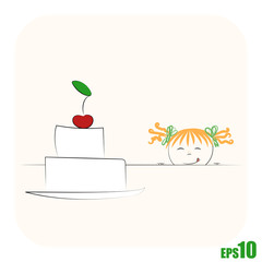 Small girl watching on big cake