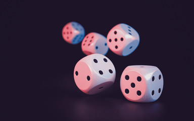 Five white dice on a dark background