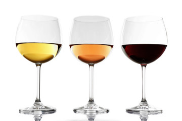 Glasses with white, rose and red wine isolated on white background