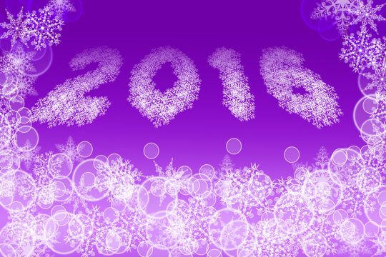 2016 image shaped from little snowflakes on bright purple background