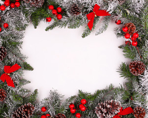 Naklejka na ściany i meble Border, frame from christmas tree branches with pine cones 
