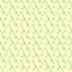 Seamless vector pattern, mat symmetrical background with avocado, whole and half over light backdrop.
