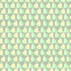 Seamless vector pattern, mat symmetrical background with pears, whole and half over light backdrop.