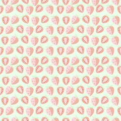 Seamless vector pattern, mat symmetrical background with strawberry, whole and half over light backdrop.