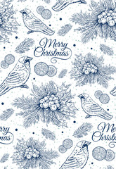 print, seamless pattern with blue Christmas tree, ilex, citrus, bird, sprig of holly with berries on a white background, spruce, vector illustration