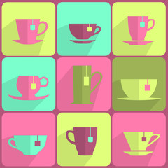 Vector illustration of tea, coffee cups icons in a set. in flat design style.

