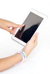 Young Asian Woman Playing A Tablet.