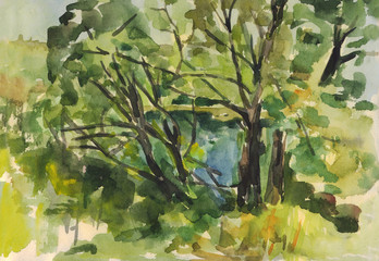 Summer landscape. Watercolor painting