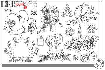 Vector line graphic. Set of christmas and new year icons.