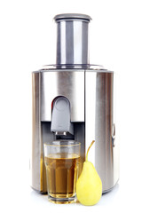 Stainless juice extractor with glass of juice isolated on white background