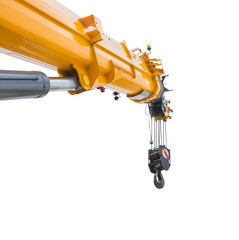 Yellow crane boom with hooks isolated on a white background