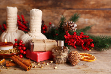 Christmas decorations on wooden background