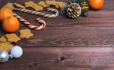 On a wooden desk background Christmas composition