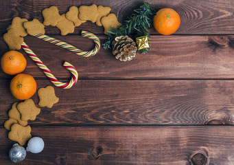 On a wooden desk background Christmas composition