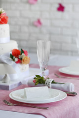 Beautiful served table for wedding or other celebration in restaurant