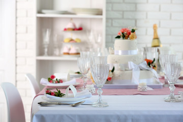 Beautiful served table for wedding or other celebration in restaurant