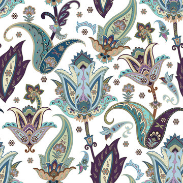 Fantasy flowers seamless paisley pattern. Floral ornament, for f