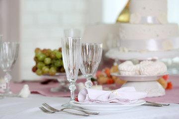 Beautiful served table for wedding or other celebration in restaurant