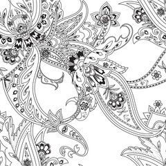 Fantasy flowers seamless paisley pattern. Floral ornament, for textile, wrapping, coloring book