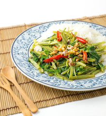 quick-fried water spinach with chili, soy sauce and rice