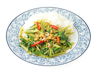 quick-fried water spinach with chili, soy sauce and rice