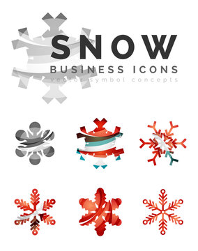 Set of abstract colorful snowflake logo icons, winter concepts, clean modern geometric design