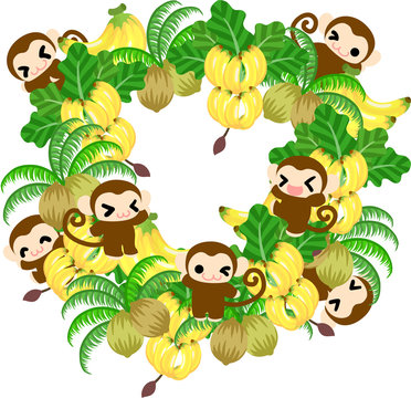 Pretty monkeys and the wreath of many bananas and coconuts
