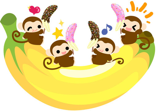 The monkeys sitting on a big banana, and eating delicious chocolate bananas