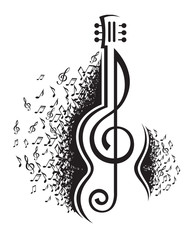 monochrome illustration of musical notes and guitar
