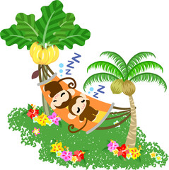 Monkeys taking a nap on a hammock worn to a coconut tree and a banana tree