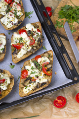 delicious bruschetta with tomatoes, cheese and mushrooms