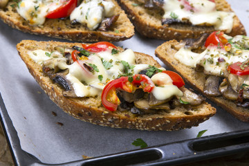 delicious bruschetta with tomatoes, cheese and mushrooms