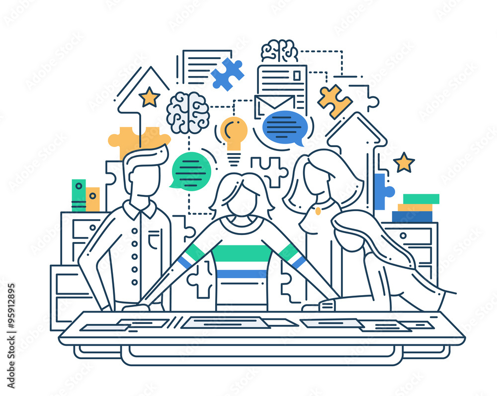 Poster illustration of modern line flat design creative process composition and infographics elements with 