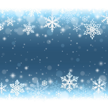 Abstract blue winter background with falling snowflakes and snow
