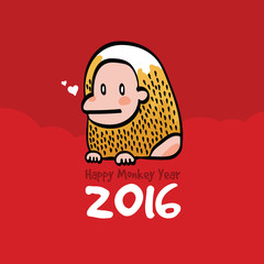 Vector Illustration of Happy Monkey Year 2016 Card Hand Draw Red Background