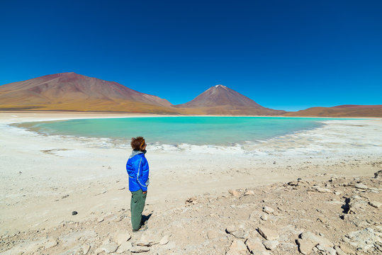 Green Lagoon and Licancabur Volcano on the Bolivian Andes
