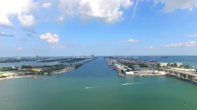Aerial 4K video at Museum Park Downtown Miami and cruise terminals.
