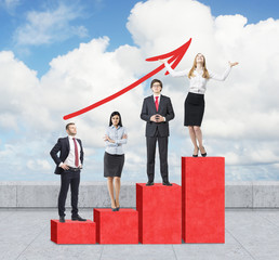 Stairs as a huge red bar chart are on the roof. Business people are standing on each step as a...