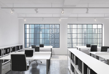 Fototapeta na wymiar Workplaces in a bright modern loft open space office. Tables equipped with laptops; corporate documents' shelves. Singapore view in the panoramic windows. 3D rendering.