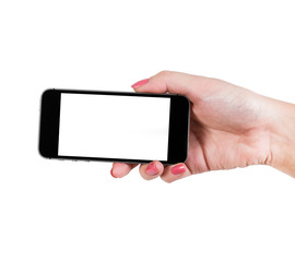 Isolated female hand holding a phone with white screen