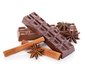 Chocolate and cinnamon sticks, star anise isolated