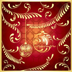 Поздравительная открытка с золотыми стилизованными ветками ели и елочными украшениями в виде шариков с узором. Красный фон. Векторная иллюстрация.