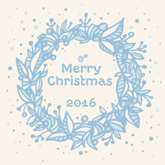Christmas card with blue hand-drawn wreath