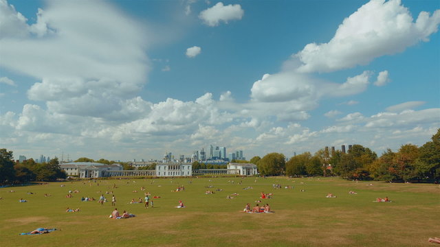 A summer cityscape of Greenwich, London, overlooking the Financial District on Canary Wharf
