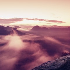 Warm misty autumn land in red colorful vapor. Rocky gulch full of heavy fog. Sun is hidden in  colorful mist.