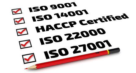 List of ISO standards: iso 9001; iso 14001; haccp; iso 22000; iso 27001. Red pencil and a checklist with red marks