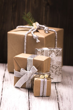 Christmas gifts, toned image. Vintage style. Selective focus