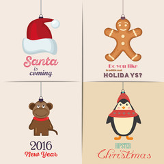 Set of Christmas Cards. With winter home, xmas tree, snow globe, and reindeer elements. Ideal for holiday invitation or greeting card