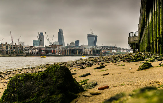 London Skyline viewed from the Thames beach